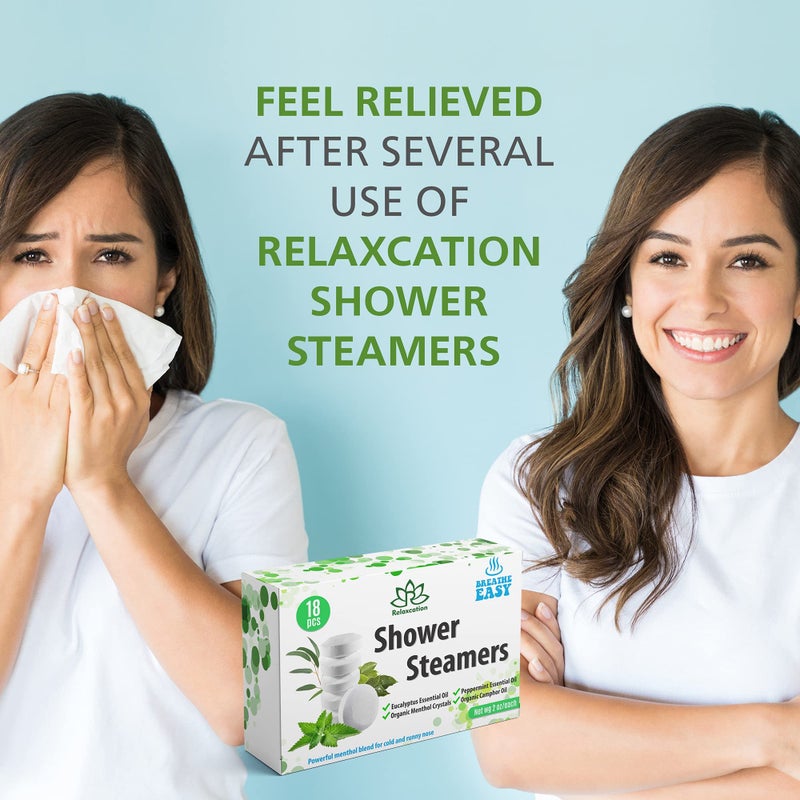 Relaxcation صنع في الولايات المتحدة - 18 قرص بخار للاستحمام قوي جداً لتخفيف احتقان الجيوب الأنفية - العلاج بالروائح في السبا، قنابل الاستحمام - بلورات المنثول، الكافور وزيوت الأوكاليبتوس الأساسية - تأثير طويل الأمد - Image 4